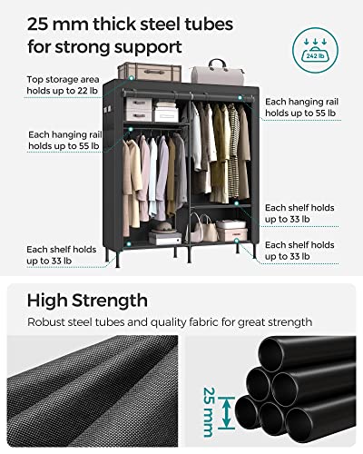 SONGMICS Garment Rack Heavy Duty Clothes Rack, 65 Inch Freestanding Portable Wardrobe Closet with Hanging Rails and Shelves, Total Load 242 lb, Easy Assembly, for Cloakroom Bedroom, Black URDR301B02