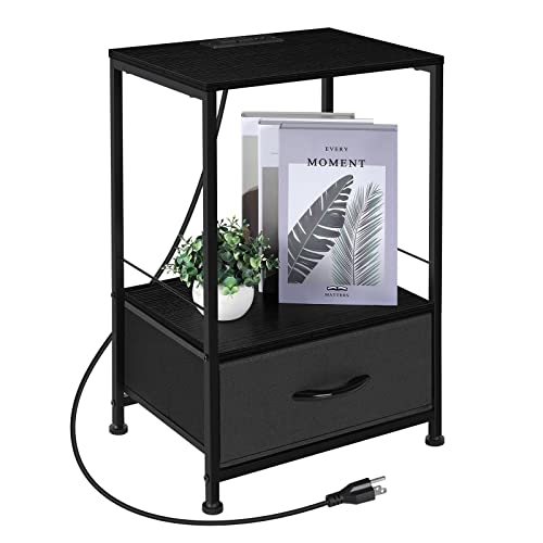 Nightstand with Charging Station Black Side End Table with USB Ports and Outlets 2 Tier Small Side Table with Drawer Modern Bedside Table with USB Ports and Storage in Bedrooms Living Room