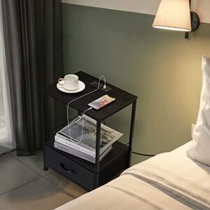 Nightstand with Charging Station Black Side End Table with USB Ports and Outlets 2 Tier Small Side Table with Drawer Modern Bedside Table with USB Ports and Storage in Bedrooms Living Room