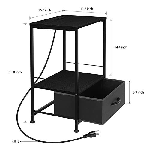 Nightstand with Charging Station Black Side End Table with USB Ports and Outlets 2 Tier Small Side Table with Drawer Modern Bedside Table with USB Ports and Storage in Bedrooms Living Room