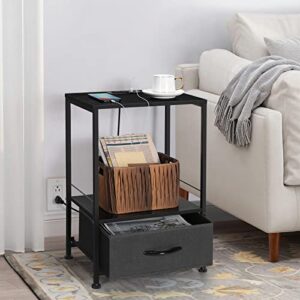 Nightstand with Charging Station Black Side End Table with USB Ports and Outlets 2 Tier Small Side Table with Drawer Modern Bedside Table with USB Ports and Storage in Bedrooms Living Room