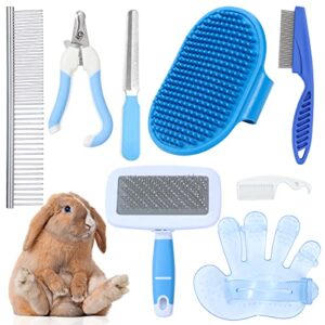 rabbit grooming kit, rabbit brush, small animal pets grooming kits include pet grooming shedding slicker brush, bath massage glove brush, nail clipper, flea comb, pet double-sided comb for rabbits guinea pigs hamster bunny (blue)