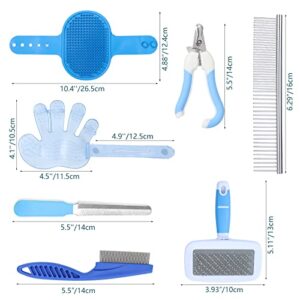 Rabbit Grooming Kit, Rabbit Brush, Small Animal Pets Grooming Kits Include Pet Grooming Shedding Slicker Brush, Bath Massage Glove Brush, Nail Clipper, Flea Comb, Pet Double-Sided Comb for Rabbits Guinea Pigs Hamster Bunny (blue)