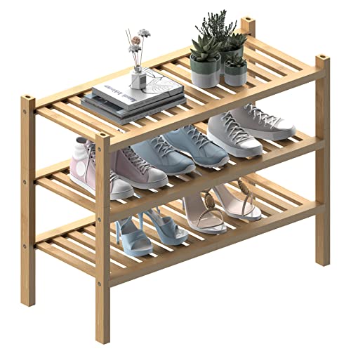 ROMGUAR CRAFT (Thick Bamboo Shoe Rack for Entryway, 3-Tier Free Standing Shoe Racks Stackable Shoe Rack Organizer For Hallway Closet Living Room 27 x12 x21 Inches