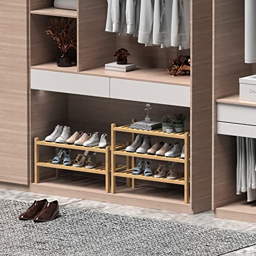 ROMGUAR CRAFT (Thick Bamboo Shoe Rack for Entryway, 3-Tier Free Standing Shoe Racks Stackable Shoe Rack Organizer For Hallway Closet Living Room 27 x12 x21 Inches