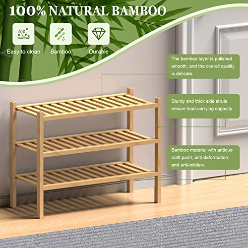 ROMGUAR CRAFT (Thick Bamboo Shoe Rack for Entryway, 3-Tier Free Standing Shoe Racks Stackable Shoe Rack Organizer For Hallway Closet Living Room 27 x12 x21 Inches