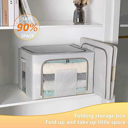 FAikhom 3 Pack Stackable Storage Bins- Foldable Metal Frame Storage Box Oxford Fabric Stackable Clothes Container Organizer with clear Window & Carry Handles (66L, Grey)