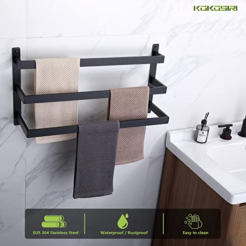 KOKOSIRI Bath Towel Bars Bathroom 3-Tiers Towel Shelf Ladder Bath Towel Hook Square Robe Hook Coat Hook Matte Black B5006BK-L24+B1010BK-P2