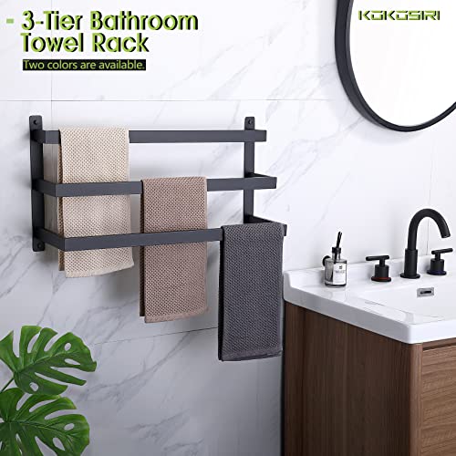 KOKOSIRI Bath Towel Bars Bathroom 3-Tiers Towel Shelf Ladder Bath Towel Hook Square Robe Hook Coat Hook Matte Black B5006BK-L24+B1010BK-P2