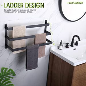 KOKOSIRI Bath Towel Bars Bathroom 3-Tiers Towel Shelf Ladder Bath Towel Hook Square Robe Hook Coat Hook Matte Black B5006BK-L24+B1010BK-P2