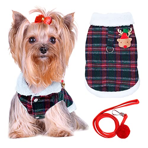 UETZLTB Christmas Dog Jacket Harness and Leash Warm Winter Windproof Puppy Fleece Coat Vest Cute Reindeer Plaid Pet Clothes for Small Medium Dogs Cats