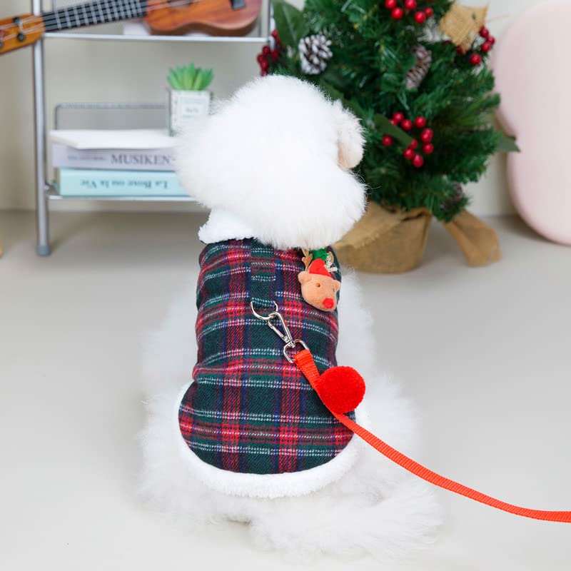 UETZLTB Christmas Dog Jacket Harness and Leash Warm Winter Windproof Puppy Fleece Coat Vest Cute Reindeer Plaid Pet Clothes for Small Medium Dogs Cats
