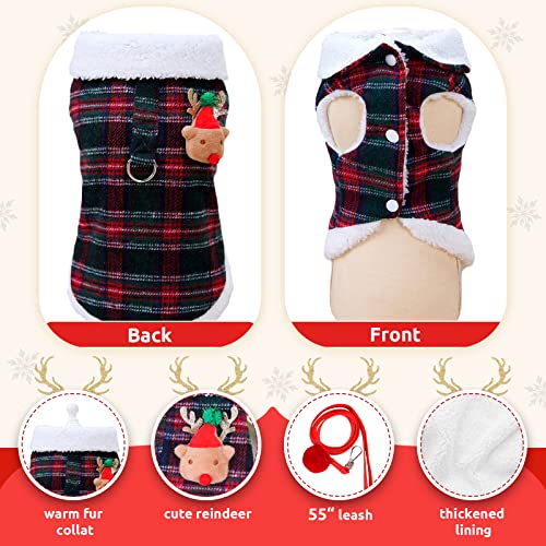 UETZLTB Christmas Dog Jacket Harness and Leash Warm Winter Windproof Puppy Fleece Coat Vest Cute Reindeer Plaid Pet Clothes for Small Medium Dogs Cats