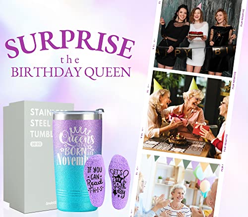 Onebttl Birthday Gifts for Women, Happy Birthday Tumbler for Her, Friends, 20 oz Insulated Cup with Funny Socks, Glitter Purple, Queens are Born in October