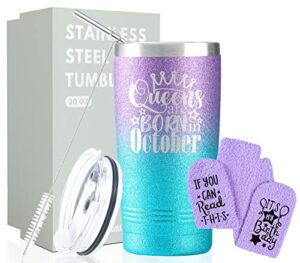 onebttl birthday gifts for women, happy birthday tumbler for her, friends, 20 oz insulated cup with funny socks, glitter purple, queens are born in october