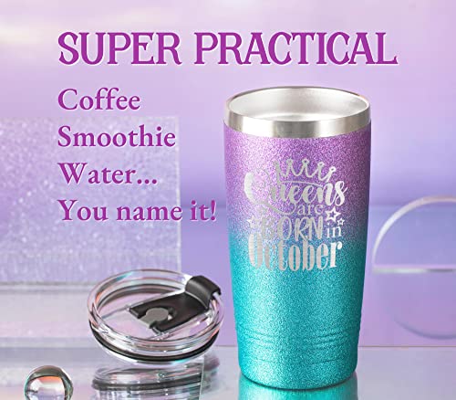 Onebttl Birthday Gifts for Women, Happy Birthday Tumbler for Her, Friends, 20 oz Insulated Cup with Funny Socks, Glitter Purple, Queens are Born in October
