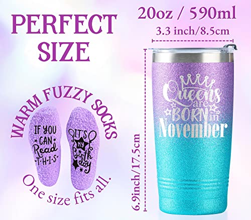 Onebttl Birthday Gifts for Women, Happy Birthday Tumbler for Her, Friends, 20 oz Insulated Cup with Funny Socks, Glitter Purple, Queens are Born in October