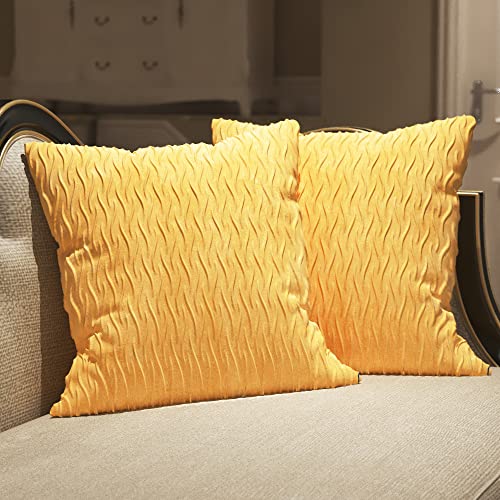 JUJUKRL 2 Pack of Wavy Striped Decorate Pillows Cushion Cover Solid Color Square Pillows Decorate Throw Pillows 18 * 18 inch for Bed Room Sofa（Yellow,18X18 inch）