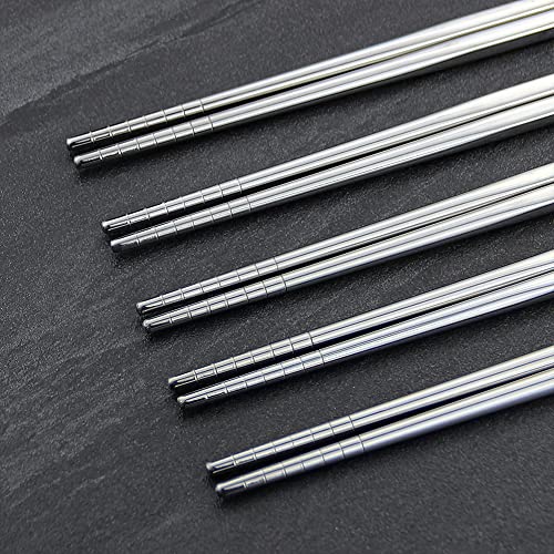 Metal Chopsticks, IQCWOOD 5 Pairs 9.5 Inch Stainless Steel Chopsticks, 304 Korean Chopsticks Reusable Dishwasher Lightweight Silver Reusable Chopsticks Set for Dinner