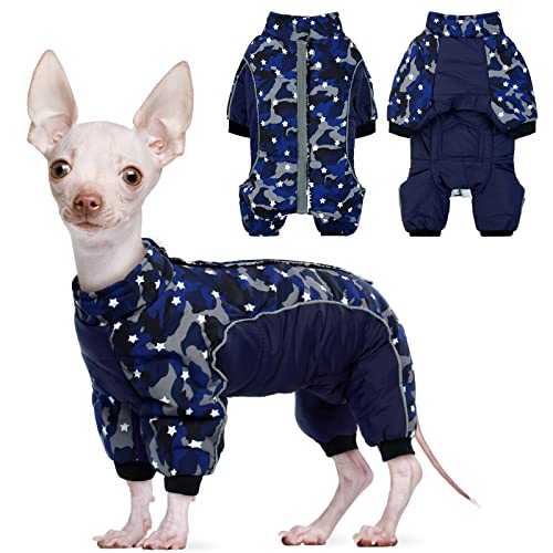 BRKURLEG Puppy Jackets for Small Dogs Boy Girl,Dog 4 Legged Winter Coat Full Body Covered Waterproof Snowproof Cold Weather Gear,Reflective Outdoor Snowsuit for Chihuahua Warm Fleece Apparel