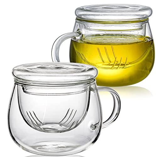 Tosnail 2 Pack 13 Ounce Glass Tea Cup with Lid and Tea Infuser Set, Tea Mugs with Strainer, Clear Teacups with Tea Filter, Glass Cups for Loose Tea Brewing