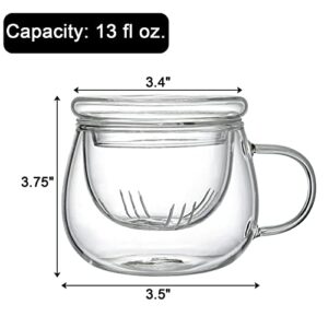 Tosnail 2 Pack 13 Ounce Glass Tea Cup with Lid and Tea Infuser Set, Tea Mugs with Strainer, Clear Teacups with Tea Filter, Glass Cups for Loose Tea Brewing