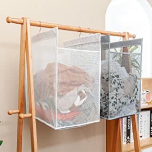 ALYER Hanging Collapsible Closet Mesh Laundry Hamper,Heavy Duty Laundry Basket and Durable Dorm Bathroom Storage Bag with Two Hangers,Gray