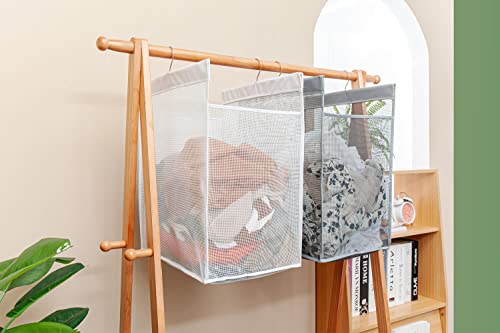 ALYER Hanging Collapsible Closet Mesh Laundry Hamper,Heavy Duty Laundry Basket and Durable Dorm Bathroom Storage Bag with Two Hangers,Gray