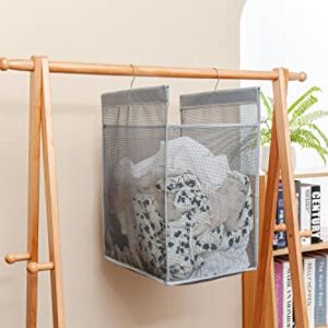 ALYER Hanging Collapsible Closet Mesh Laundry Hamper,Heavy Duty Laundry Basket and Durable Dorm Bathroom Storage Bag with Two Hangers,Gray