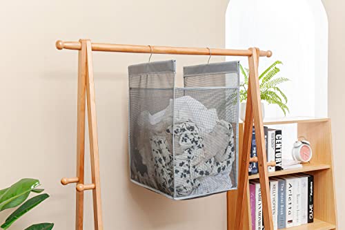 ALYER Hanging Collapsible Closet Mesh Laundry Hamper,Heavy Duty Laundry Basket and Durable Dorm Bathroom Storage Bag with Two Hangers,Gray