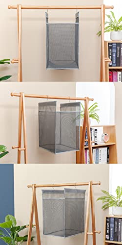 ALYER Hanging Collapsible Closet Mesh Laundry Hamper,Heavy Duty Laundry Basket and Durable Dorm Bathroom Storage Bag with Two Hangers,Gray