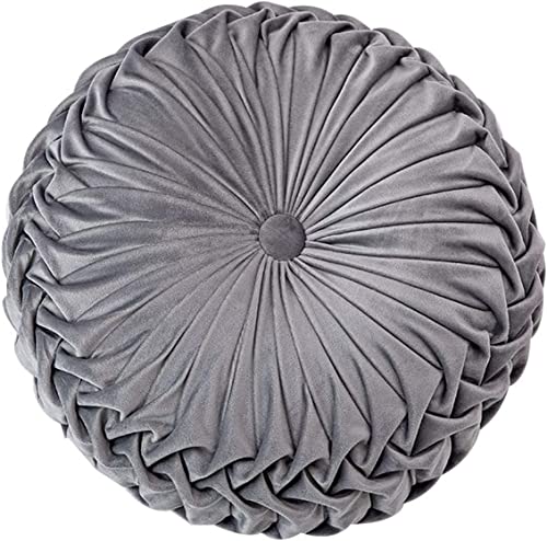 BYITRE Round Throw Pillow Velvet Pleated Pumpkin Decorative Pillow Cushion Soild Color Chair Floor Pillow for Couch Bed Car Decor (Grey)