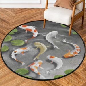 traditional fish round area rug, japanese koi fish non-slip circle rug for bedroom living room outdoor study playing floor mat carpet, 5.2' diameter
