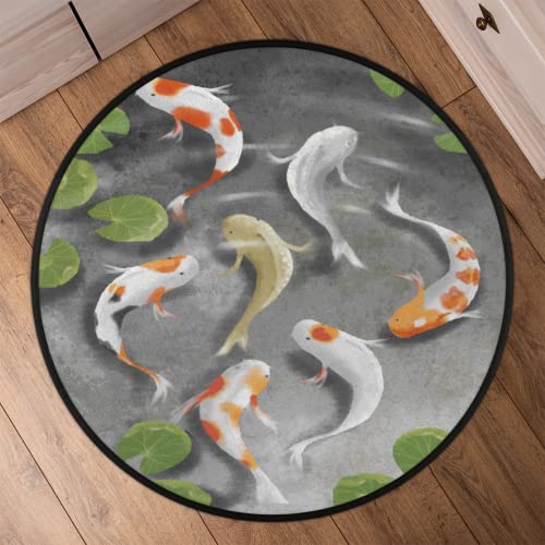 Traditional Fish Round Area Rug, Japanese Koi Fish Non-Slip Circle Rug for Bedroom Living Room Outdoor Study Playing Floor Mat Carpet, 5.2' Diameter