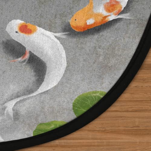 Traditional Fish Round Area Rug, Japanese Koi Fish Non-Slip Circle Rug for Bedroom Living Room Outdoor Study Playing Floor Mat Carpet, 5.2' Diameter