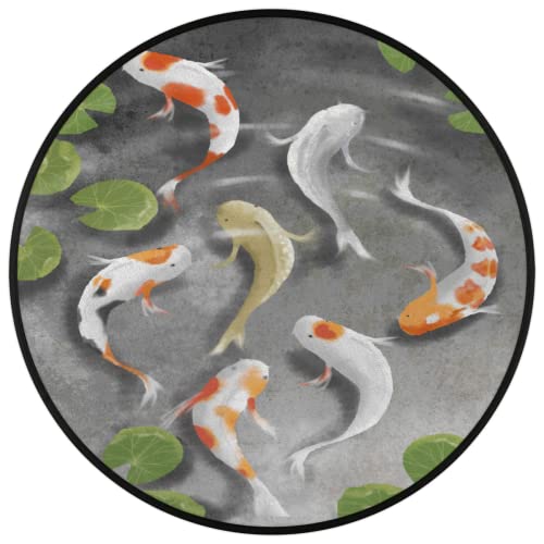 Traditional Fish Round Area Rug, Japanese Koi Fish Non-Slip Circle Rug for Bedroom Living Room Outdoor Study Playing Floor Mat Carpet, 5.2' Diameter