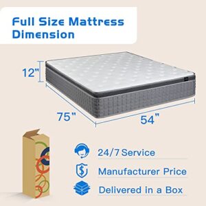 MICOOLS Full Mattress,12 inch Hybrid Mattress in a Box Memory Foam Breathable Comfortable,Motion Isolation Individually Wrapped Coils,Euro Top Medium Firm Full Size Mattress