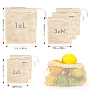 lumos living reusable mesh produce bag, 100% cotton, laundry mesh bag, lingerie wash bag, 6 bags in 3 sizes. (1l,3m,2s))