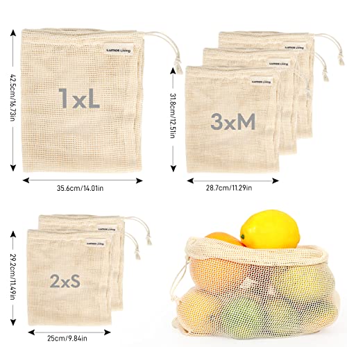 Lumos Living Reusable Mesh Produce Bag, 100% Cotton, Laundry Mesh Bag, Lingerie Wash Bag, 6 Bags in 3 Sizes. (1L,3M,2S))