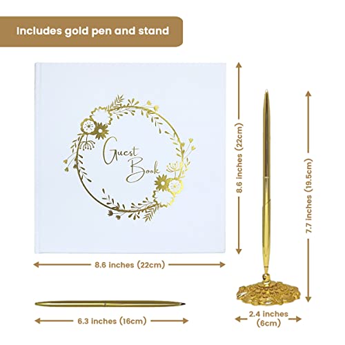 AURAFRANCINA Wedding Guest Book with Gold Foil Printed Design - Guest Book with Gold Pen & Holder - Unique Guest Book Wedding Reception with 100 Gold Foil Edge Pages - Hardcover Guest Book for Party