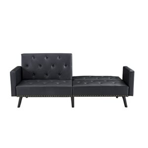 Naomi Home Black Futon Sofa Bed, Faux Leather Futon Couch with Armrest, Black Sofa Bed Couch with Metal Legs, Pull Out Sofa Bed, Reclining Small Couch Bed, Folding Small Couch for Living Room