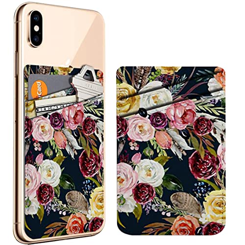 Diascia Pack of 2 - Cellphone Stick on Leather Cardholder ( Watercolor Ethnic Boho Floral Pattern Pattern ) ID Credit Card Pouch Wallet Pocket Sleeve