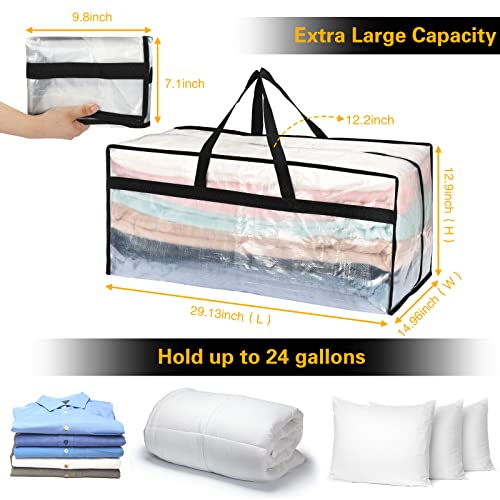 Fixwal Heavy Duty Extra Large Clear Moving Bags 4 Pack Oversized Storage Bags Totes with Backpack Straps Strong Handles, Zippers Packing Moving Supplies for College Dorm Essentials, Space Saving