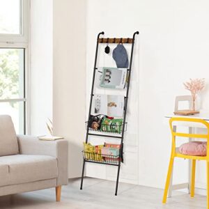 Blanket Ladder Wall-Leaning Blanket Ladder Rack Holder with Removable Hooks and Storage Mesh Baskets Metal Decorative Towel Ladder Shelf for The Living Room Outdoor Pool Black 5 Layer