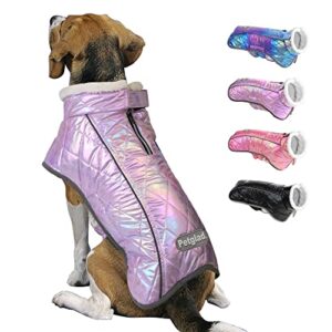 dog winter coat, christmas dog jacket with trench coat collar design, waterproof dog sweater with harness hole & reflective stripes, warm pet vest for small medium extra large dogs (purple, m)