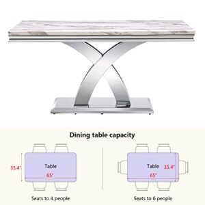 AZhome Dining Room Table, 65" White Dining Room Table, Grey Rectangle Tabletop and Silver Mirror Metal Double X Base, Modern Luxury Dining Table Set for 4 to 6 Dining Room