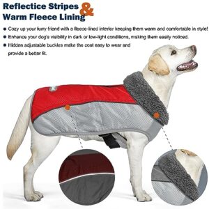 Petglad Dog Coat, Ripstop Waterproof Dog Winter Jacket with Zippered Leash Hole, Reflective Adjustable Dog Fleece Sweater, Warm Snow Vest for Small Medium Extra Large Dogs (Red, M)