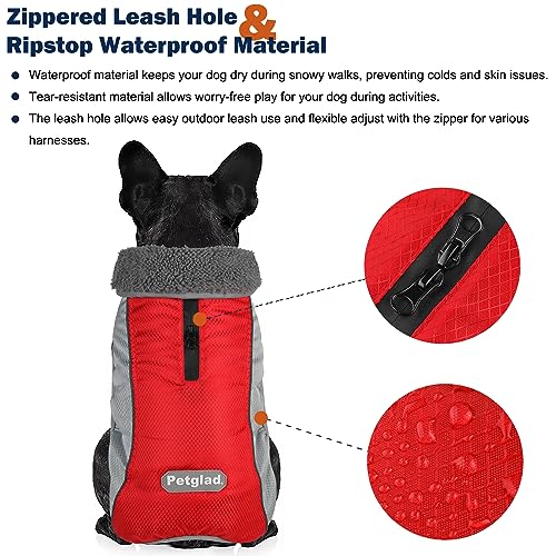 Petglad Dog Coat, Ripstop Waterproof Dog Winter Jacket with Zippered Leash Hole, Reflective Adjustable Dog Fleece Sweater, Warm Snow Vest for Small Medium Extra Large Dogs (Red, M)