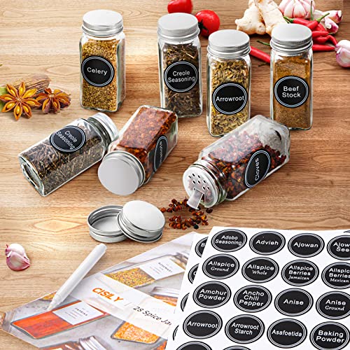 CISILY 28 Spice Jars With 396 Labels, Glass Seasoning Jars with Shaker Lids, Square Spice Bottles, Airtight Empty 4oz Spices Containers Set Organizer, Kitchen Organization & Storage