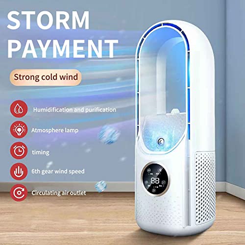 Portable Bladeless Air Cooler with 6 Gears Modes, Mini Tower Fan Cooling Fan Instant Cool & Humidify, Timer Air-cooling Fan with Atmosphere Lamp for Living Room Office